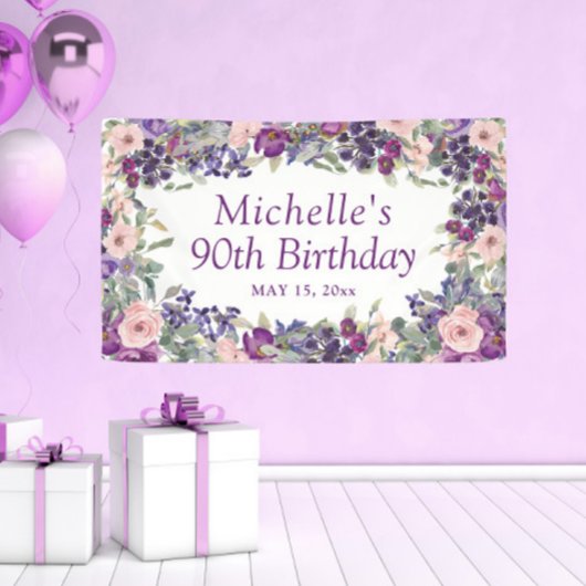 90歳の誕生日お祝いパープル+ピンクの花と葉 横断幕