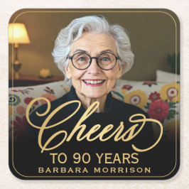 90歳の誕生日お祝いフォト ゴールド ブラック スクエアペーパーコースター