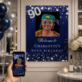 90歳の誕生日お祝いブルーシルバーの星のフォトウェルカムボード ポスター