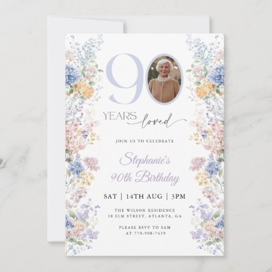 90歳の誕生日お祝い スプリング+ワイルドフラワー 写真 招待状 (正面)