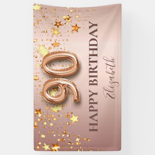 90歳の誕生日のバラ金ゴールド星ピンクのバルーンのスクリプト 横断幕 (縦)