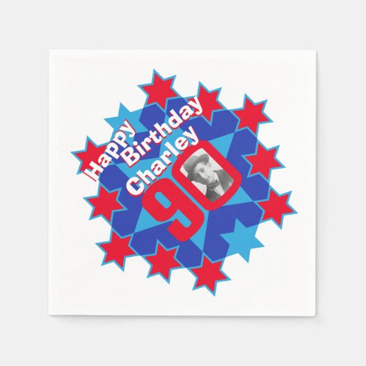 90歳の誕生日の写真と赤い星のナプキンの名前 スタンダードカクテルナプキン (正面)