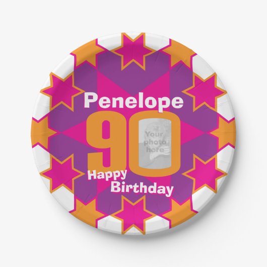 90歳の誕生日の写真名ピンクスター紙プレート ペーパープレート (正面)