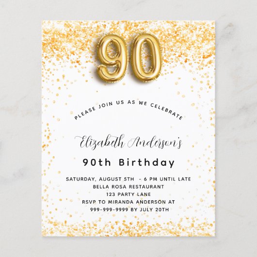 90歳の誕生日の白い金ゴールド予算の招待 チラシ (正面)