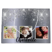 90歳の誕生日の銀グリッターダストフォトモノグラム ラージペーパーバッグ (正面)