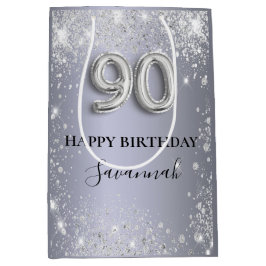 90歳の誕生日の銀グリッターダストモノグラム ミディアムペーパーバッグ