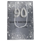 90歳の誕生日の銀グリッターダストモノグラム ミディアムペーパーバッグ (裏面)