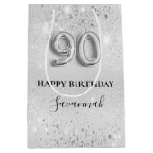 90歳の誕生日の銀グリッターダストモノグラム ミディアムペーパーバッグ (正面)