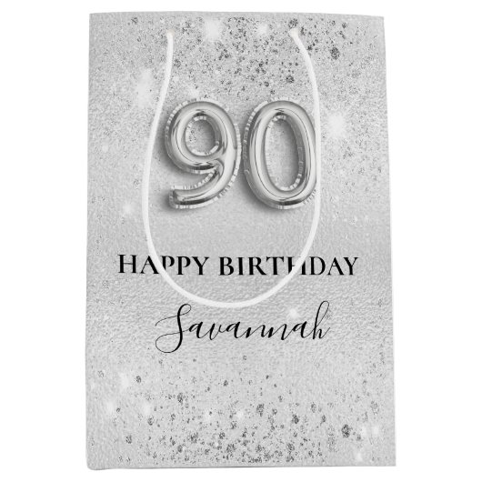 90歳の誕生日の銀グリッターダストモノグラム ミディアムペーパーバッグ (正面)