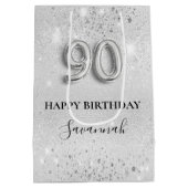 90歳の誕生日の銀グリッターダストモノグラム ミディアムペーパーバッグ (裏面)