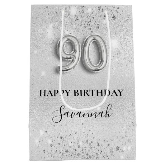 90歳の誕生日の銀グリッターダストモノグラム ミディアムペーパーバッグ (裏面)