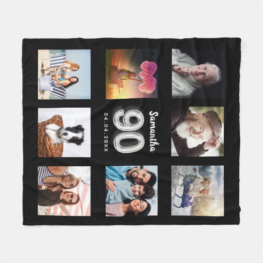 90歳の誕生日の黒いシルバーフォトコラージュの名前 フリースブランケット (正面(横))