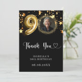 90歳の誕生日の黒い金ゴールド星写真 サンキューカード (スタンド正面)