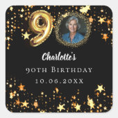 90歳の誕生日の黒い金ゴールド星写真 スクエアシール (正面)