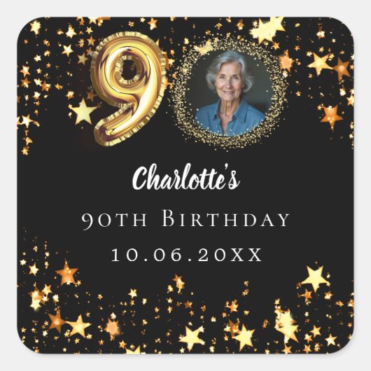 90歳の誕生日の黒い金ゴールド星写真 スクエアシール (正面)