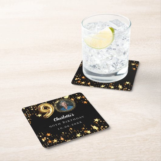 90歳の誕生日の黒い金ゴールド星写真 スクエアペーパーコースター (インサイチュ)