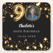 90歳の誕生日の黒い金ゴールド星写真 スクエアペーパーコースター (正面)