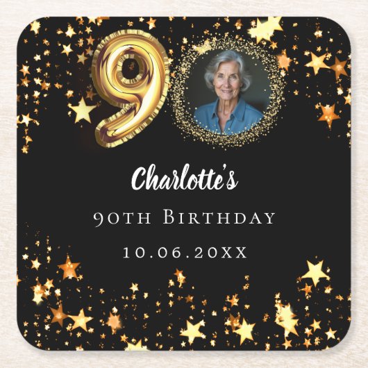 90歳の誕生日の黒い金ゴールド星写真 スクエアペーパーコースター (正面)