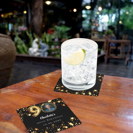 90歳の誕生日の黒い金ゴールド星写真 スクエアペーパーコースター