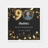 90歳の誕生日の黒い金ゴールド星写真 スタンダードカクテルナプキン (正面)