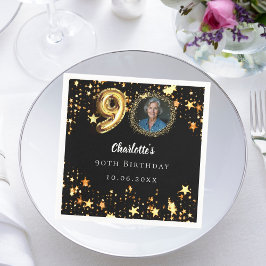 90歳の誕生日の黒い金ゴールド星写真 スタンダードカクテルナプキン