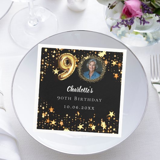90歳の誕生日の黒い金ゴールド星写真 スタンダードカクテルナプキン