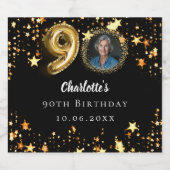 90歳の誕生日の黒い金ゴールド星写真 スパークリングワインラベル (シングルラベル)