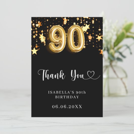 90歳の誕生日の黒い金ゴールド サンキューカード (スタンド正面)