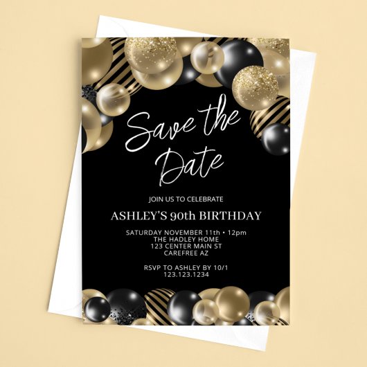 90歳の誕生日をお祝い ブラックゴールド Save the Date 招待状