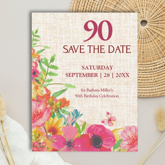 90歳の誕生日を祝うおしゃれなフラワーSave the Date 案内ポストカード