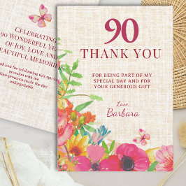 90歳の誕生日を祝う大輪の花とリネンのデザイン サンキューカード