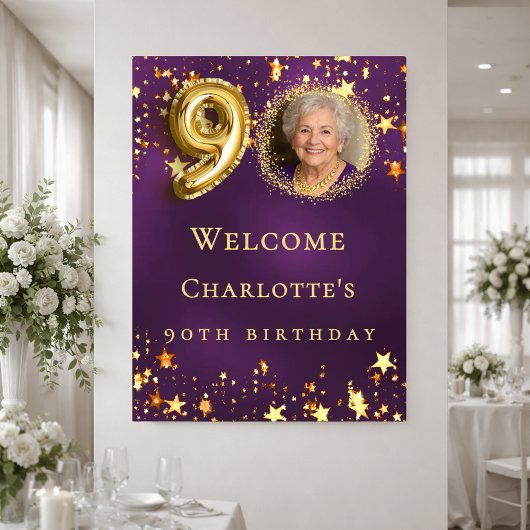 90歳の誕生日を紫とゴールドの星でお祝い ポスター