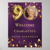 90歳の誕生日を紫とゴールドの星でお祝い ポスター (正面)