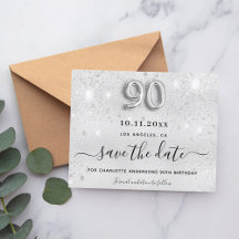 90歳の誕生日を記念したシンプルな銀色のグリッターのSave the Date