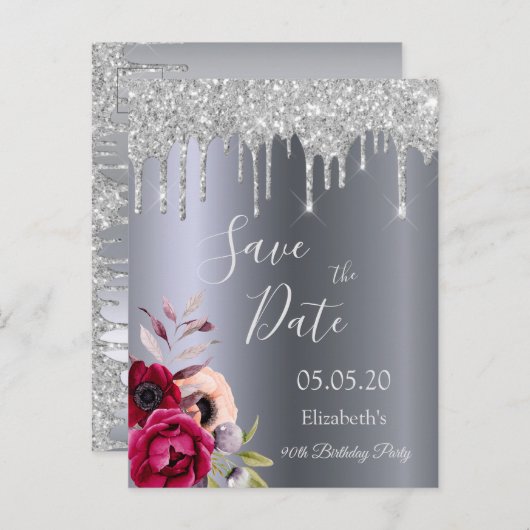 90歳の誕生日を記念する銀の輝きが滴る Save the Date ポストカード (正面/裏面)