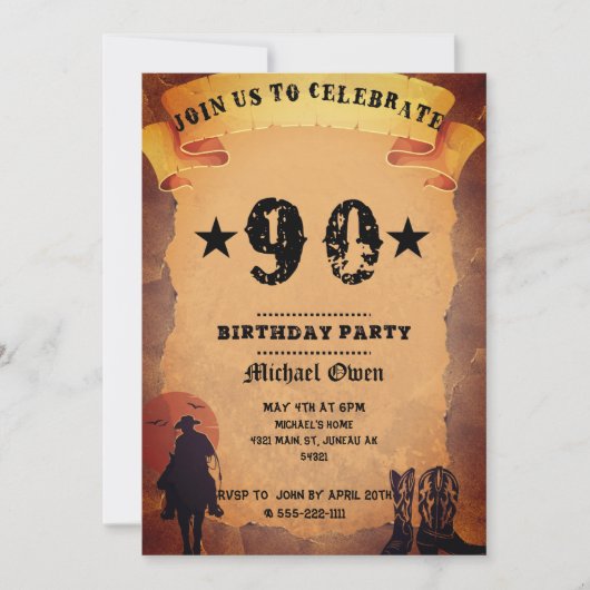 90歳の誕生日カウボーイ古い紙乗馬パーティー 招待状 (正面)