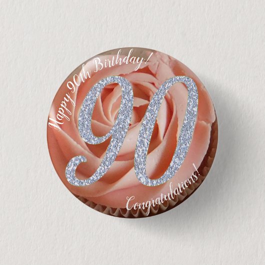 90歳の誕生日カップケーキ 3cmラウンドバッジ 缶バッジ (正面)