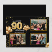 90歳の誕生日ゴールドシルバーブラックバルーン 招待状 (正面/裏面)
