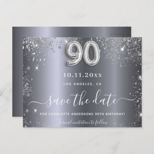 90歳の誕生日シルバーグリッターは日付を保存 ポストカード (正面/裏面)