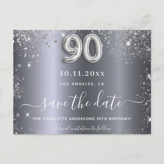 90歳の誕生日シルバーグリッターは日付を保存 ポストカード (正面)