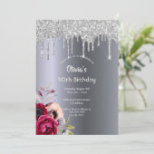 90歳の誕生日シルバーグリッタードリップブルゴーニュ花模様 招待状 (スタンド正面)