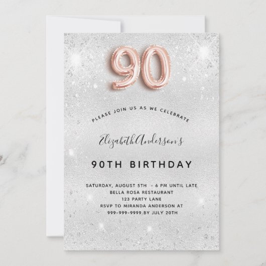 90歳の誕生日シルバーバラ金ゴールドグリッター 招待状 (正面)