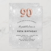 90歳の誕生日シルバーバラ金ゴールドグリッター 招待状 (正面/裏面)