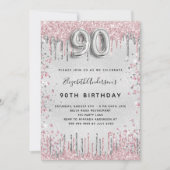 90歳の誕生日シルバーピンクのグリッターダスト 招待状 (正面)