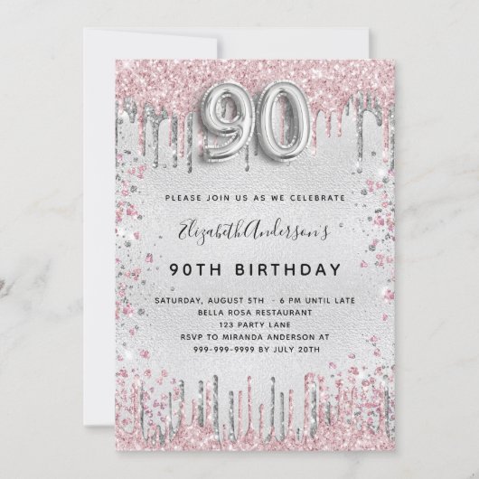 90歳の誕生日シルバーピンクのグリッターダスト 招待状 (正面)