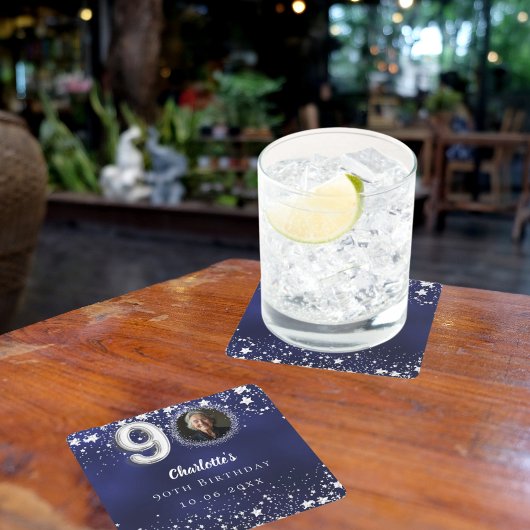 90歳の誕生日ネイビー・ブルー・シルバー・スターズの写真 スクエアペーパーコースター