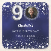 90歳の誕生日ネイビー・ブルー・シルバー・スターズの写真 スクエアペーパーコースター (正面)