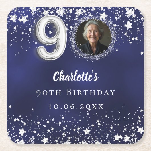 90歳の誕生日ネイビー・ブルー・シルバー・スターズの写真 スクエアペーパーコースター (正面)