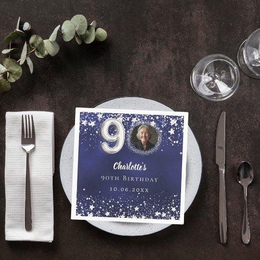 90歳の誕生日ネイビー・ブルー・シルバー・スターズの写真 スタンダードカクテルナプキン