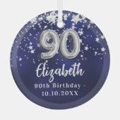 90歳の誕生日ネイビー・ブルー・シルバー・スターズ ガラスオーナメント (正面)